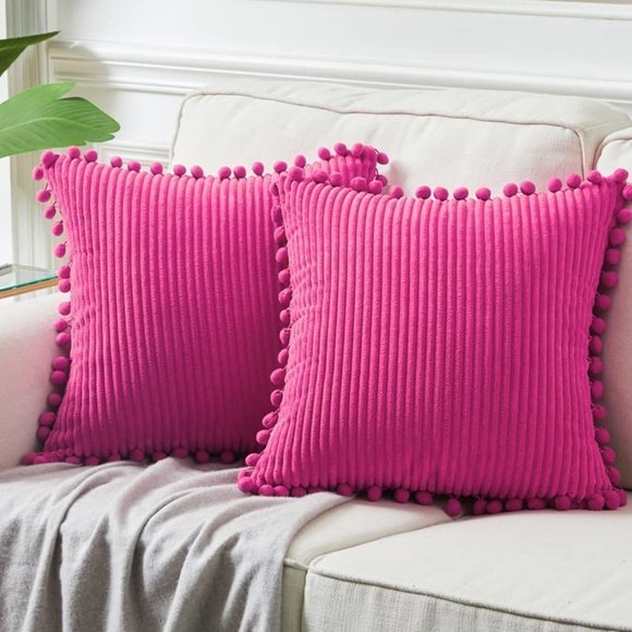 Hot Pink Corduroy Luxury Farmhouse Velvet Pompom Cute Throw Pillow Cover/CaseSet - Picture 1 of 8